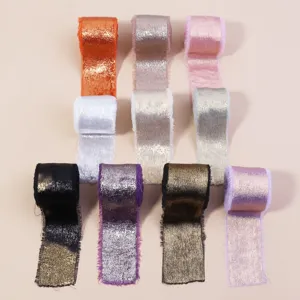 Handmade Gold Stamped Frayed Edge Flocked Ribbon For Wedding Bouquet Invitation Gift Wrapping DIY Crafts Ribbons Decorative Trim