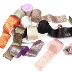Gold stamped frayed edge velvet ribbon rolls set for wedding bouquet wrapping gift box bows.
