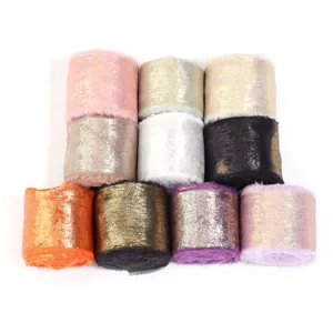 Multi-color metallic fringe velvet ribbon rolls for gift wrapping and wedding decor.