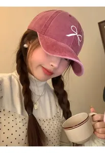Casquette de baseball en velours lavé vintage pour femme, jolie broderie nœud style.