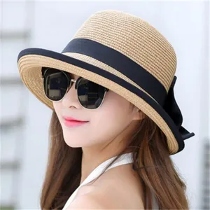 Sombrero de Paja Mujer Verano Ala Ancha Sombrero de Playa Casual con Lazo Negro Proteccion UV