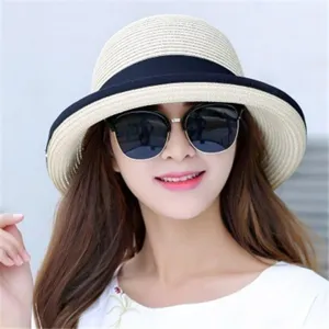 Mujer verano sombrero de paja sol ala ancha playa casual cubo sombrero con cinta