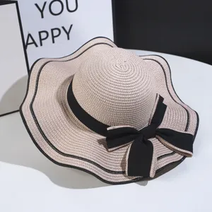Womens Summer Straw Hat Wavy Brim Big Sun Hat Bowknot Beach Cap Elegant Sun Protection