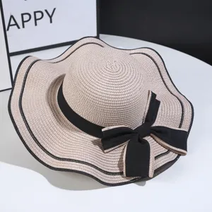 Women summer straw hat wave brim bowknot beach sunhat sun protection elegant headwear