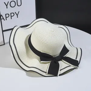 Women summer straw hat wide brim black bow beach sun hat casual elegant sunhat