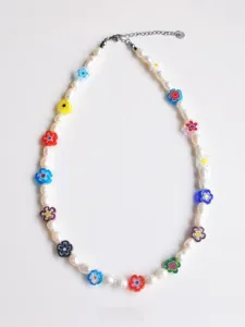 Colorful millefiori glass flower and freshwater pearl beaded necklace statement jewelry.