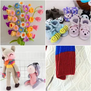 Handmade crochet details showing colorful flowers, cute baby booties, and plush toys.