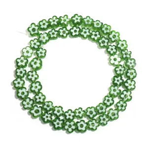 Green glass flower beads strand DIY jewelry accessories for handmade necklaces and bracelets.