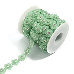 Groene parelbloem strass trim lint spoel voor DIY kleding naaien handwerk accessoires.