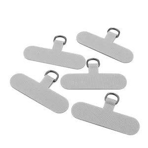 Detailed view of gray fabric phone tether tabs with metal D-rings, set of five pieces for cases.
