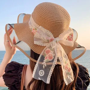 Chapeau de Soleil en Paille pour Femmes Grand Bord Large Chapeau de Plage Avec Ruban Floral Dentelle Maille Été Protection UV Vacances
