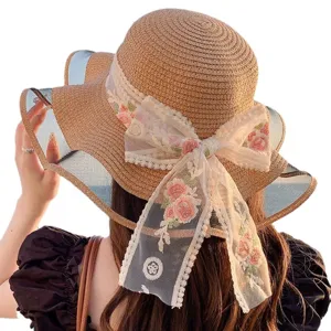 Chapeau de paille d'ete pour femme avec noeud en dentelle et bord en filet chic.
