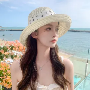 Women summer straw hat beach sun protection fashion polka dot bow bucket hat vacation