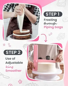 Vista detallada que muestra instrucciones paso a paso para manga pastelera y alisador.
