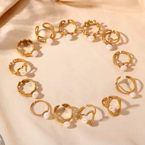Goldene Edelstahl Perlen offene Ringe Set, elegante Blumen geometrische Schmuck für Damen.