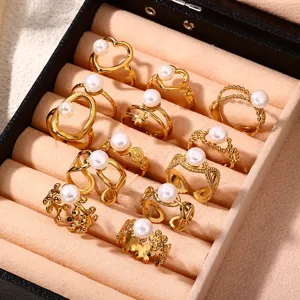 Edelstahl unregelmässige Linien Blume Perle offene Ringe Set, eleganter Goldschmuck.