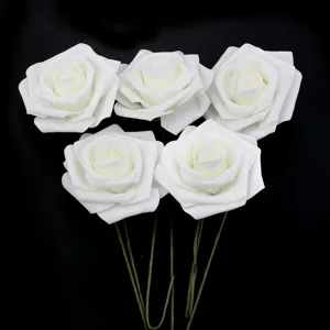 Detail view of 5 white PE foam artificial roses with green stems for DIY home decoration.