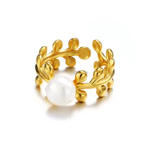 Goldfarbener offener Edelstahl Perlen Ring mit unregelmäßigem Zweig Design Damen Schmuck