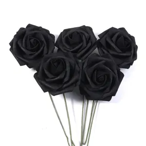 Close-up detail of black artificial foam roses with green stems, perfect for DIY crafts.