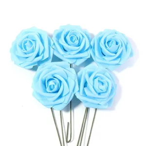 Light blue foam rose flowers with green stems for DIY crafts, party and home decor details