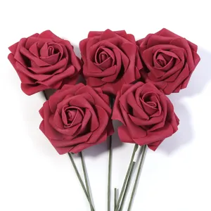 Artificial foam roses with stems, dark red fake flowers for home party wedding decor diy crafts.