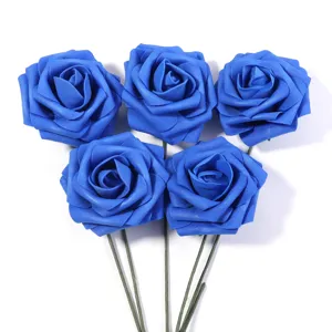 Blue PE foam artificial roses detail showing vibrant color, soft texture and attached green stems.