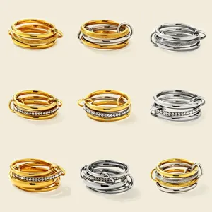 Minimalist Stainless Steel Stackable Ring Rhinestone Multi Layer Inlocking Finger Rings Geometric Frosted Band Ring Jewelry For Women