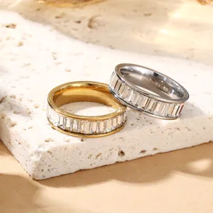 Quadratischer Baguette Zirkonia Inlaid 304 Edelstahl Ring Für Herren Damen INS Minimalistische Stapelbare Bandring Individuelle Mode Handschmuck
