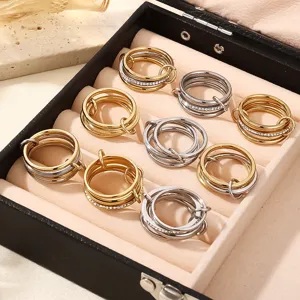 Stainless steel stacked rings with rhinestones, elegant titanium steel fashion jewelry for women.