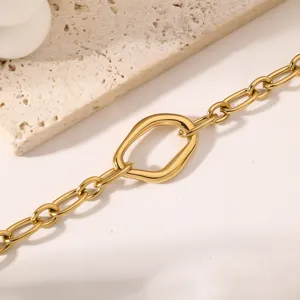 Detailed close-up view of minimalist irregular geometric stainless steel gold chain bracelet.