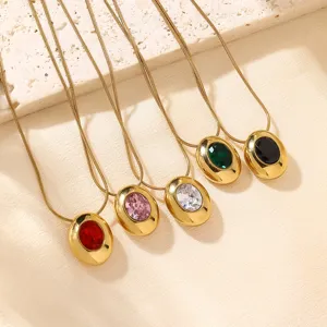 Gold-tone oval colored zircon pendant clavicle chain set, stylish fashion jewelry necklace.