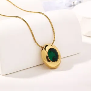 Elegant gold-tone oval green zircon pendant necklace featuring a chic snake chain for daily wear.