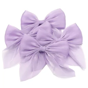 Light purple chiffon pearl bow hair clips accessories, elegant multi-layer design for dress.