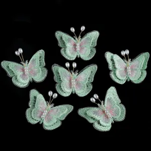 Grüne Netzspitze bestickte Schmetterling Applikation mit Perlen für Accessoires