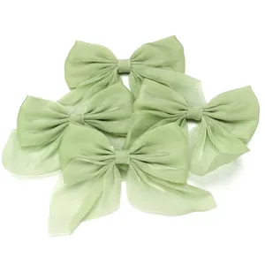 Sage green organza chiffon hair bows set, elegant sheer fabric bows for DIY hair clips accessories.