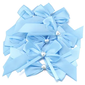 Nastri in raso blu chiaro con dettagli di perle a cuore per accessori per capelli e vestiti