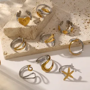 Roestvrijstalen geometrische ringenset met stijlvolle hart blad en zeester ontwerpen.