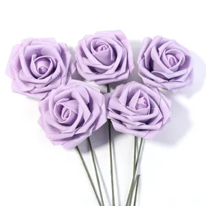Artificial foam rose bouquet with stems in light purple for DIY floral arrangement decor.