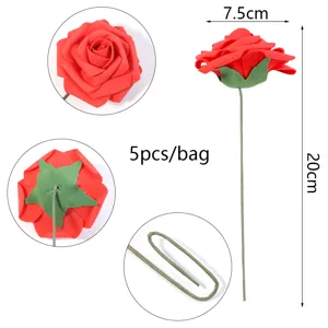 Artificial PE foam rose flower with stem, 7.5cm head, 20cm height, 5pcs per bag set.
