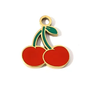 Stainless steel cherry pendant, red and green enamel DIY jewelry accessory detail view closeup