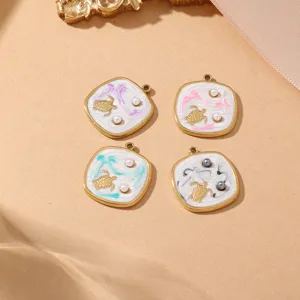 Stainless steel enamel turtle charms DIY pendants with pearls for necklace bracelet making.