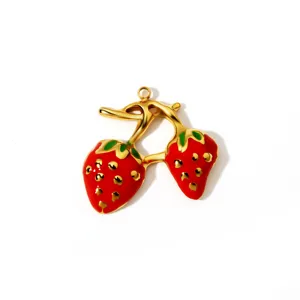 Stainless steel red enamel strawberry pendant detail shot, ideal for DIY jewelry making.