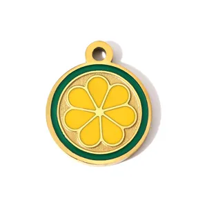 Detailed view of the cute round lemon fruit stainless steel oil drop diy jewelry pendant.