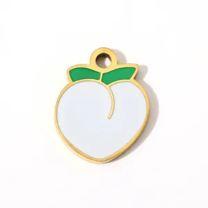 Stainless steel peach pendant detail shot, enamel fruit DIY jewelry charm for necklace or earrings.