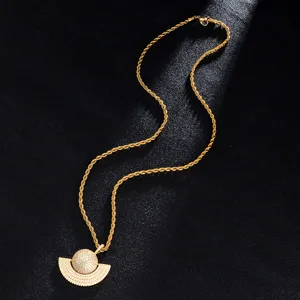 Detailed close-up shot of the dazzling crystal-paved planet pendant necklace on black background.