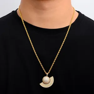 Men gold plated globe pendant necklace featuring sparkling paved stones for stylish wear.