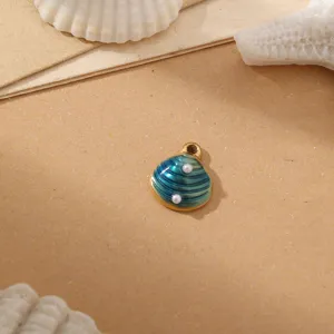 Colgante de concha esmaltada azul estilo océano collar de acero inoxidable DIY joyas