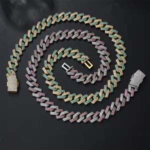 Heren hip-hop tweekleurige zirkonia 15mm cubaanse ketting ketting, stijlvolle mode sieraden.