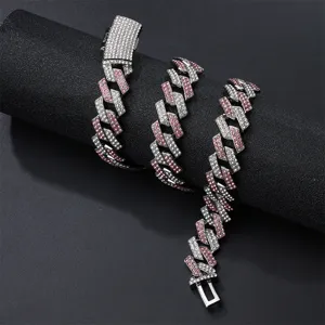 Heren hip-hop zirconia Cubaanse ketting halsketting met sprankelende roze en witte stenen.