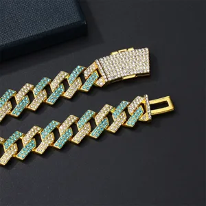 Heren 15mm hip hop cubaanse ketting met blauwe en witte zirkonia stenen en stevige klepsluiting.